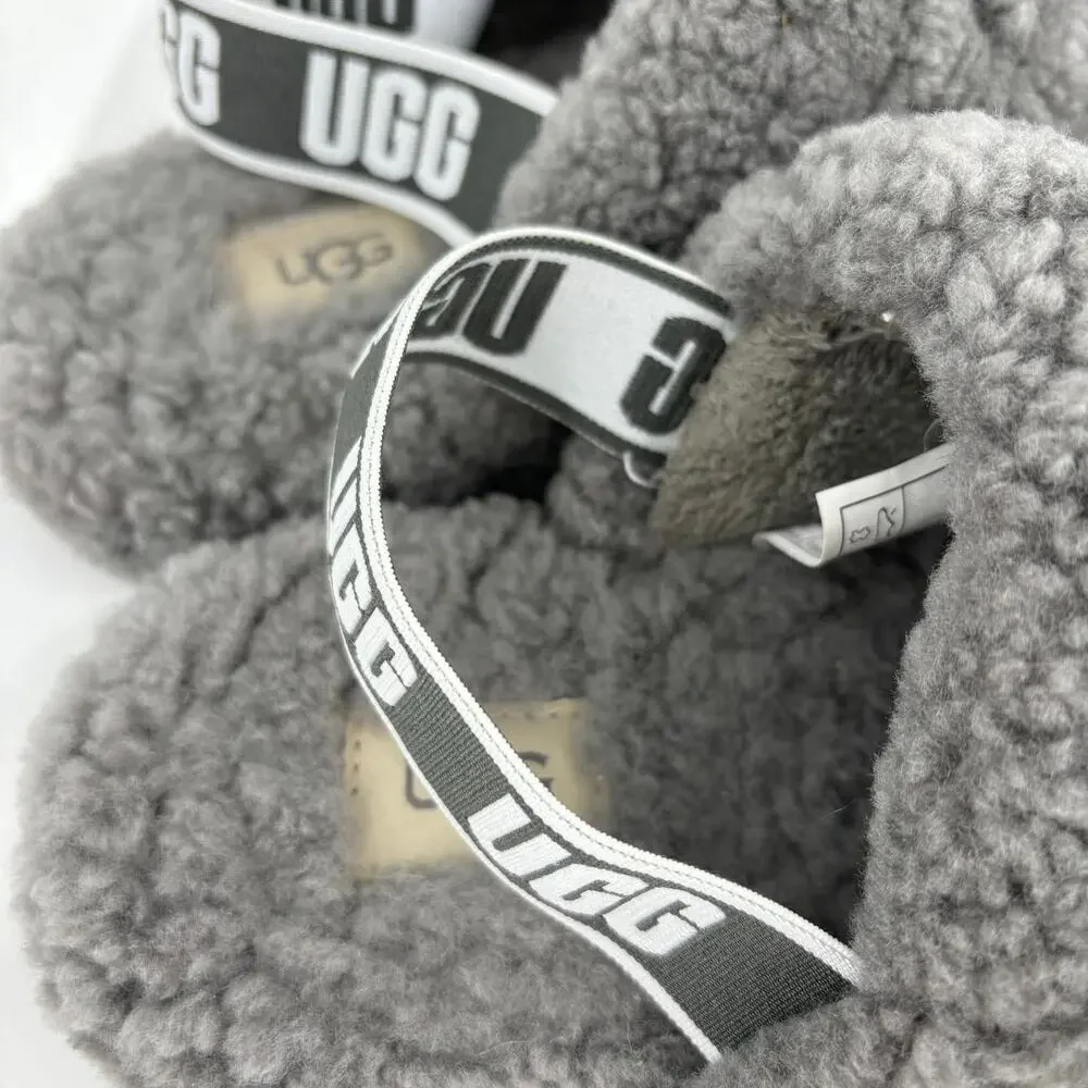 UGG Fluff‎ Yeah Slide Slippers Kids Size 3 Charcoal Gray Sheepskin Rubber Sole